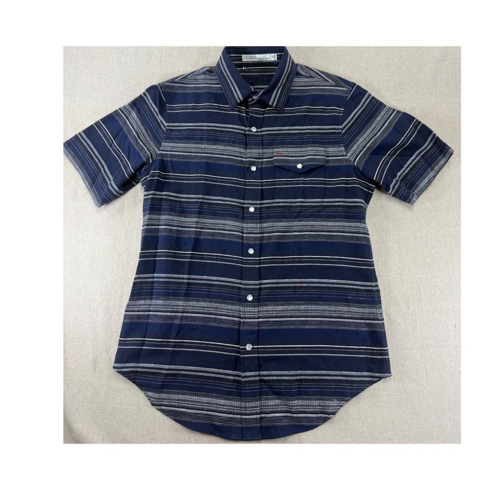 Criquet Mens Small Navy Blue Striped Cotton Hemp Short Sleeve Button Down Shirt